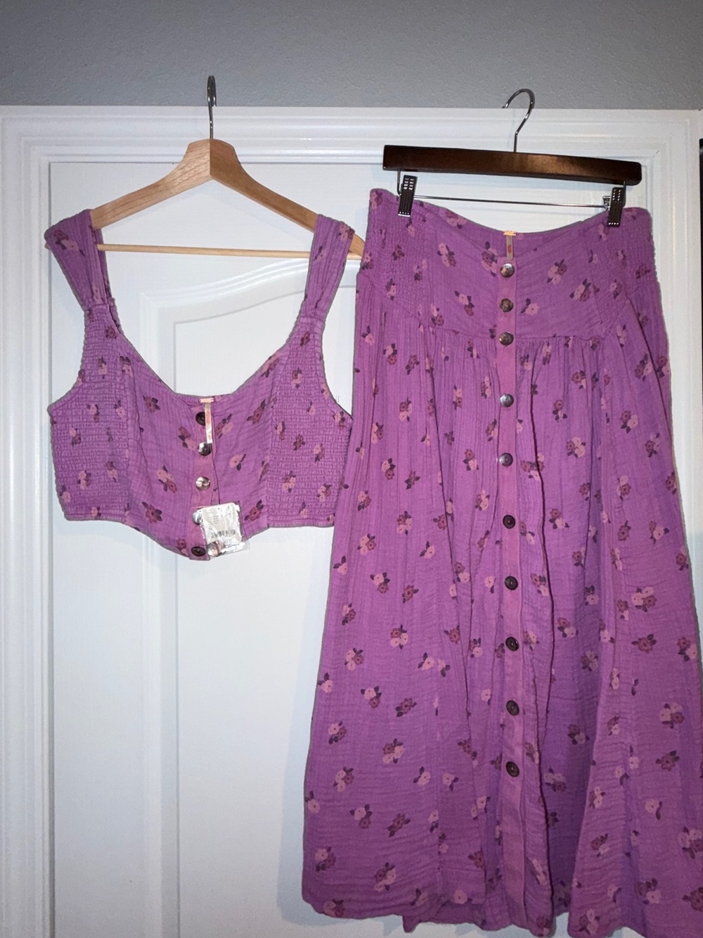 Free People Lavender Floral Button Maxi Skirt and Crop Top Set